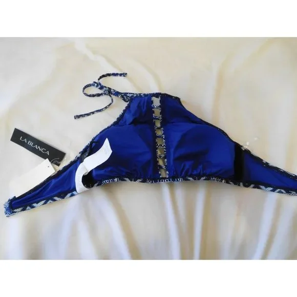 La Blanca Bikini Size 10 Top Indigo White Swimwear New High Neck  MenWomenStyles - Picture 10 of 12